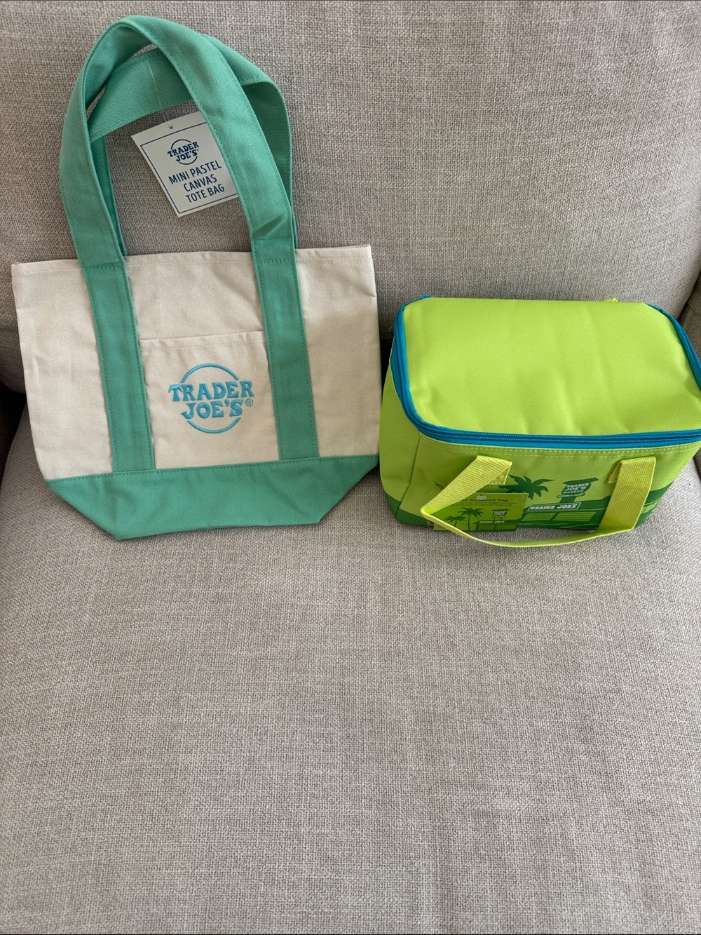 Trader Joe's Canvas Tote Bag in Mint & mini insulated bag.  Set of 2. NEW